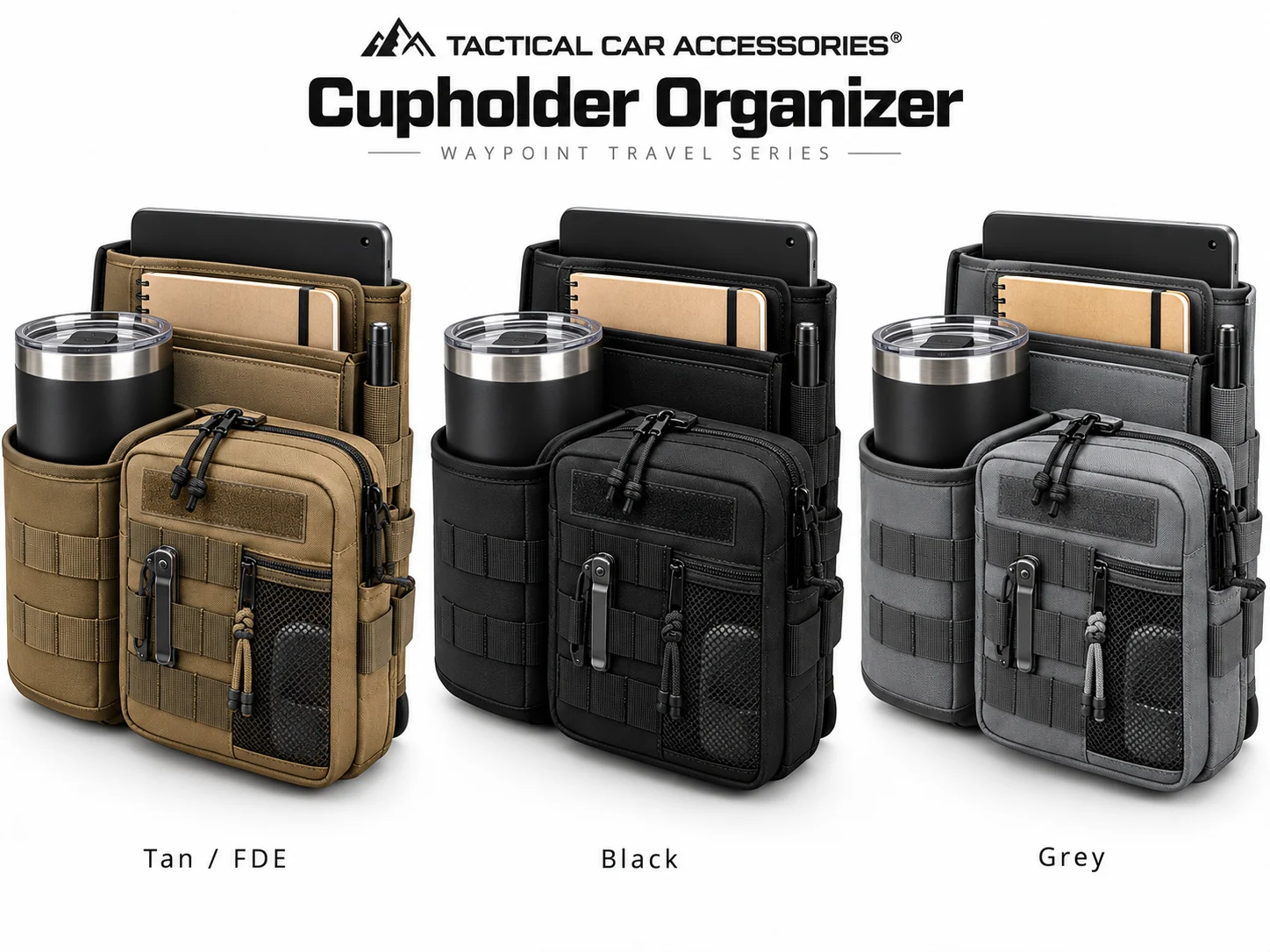 Cupholder Organizer in Black, Tan / FDE, and Grey