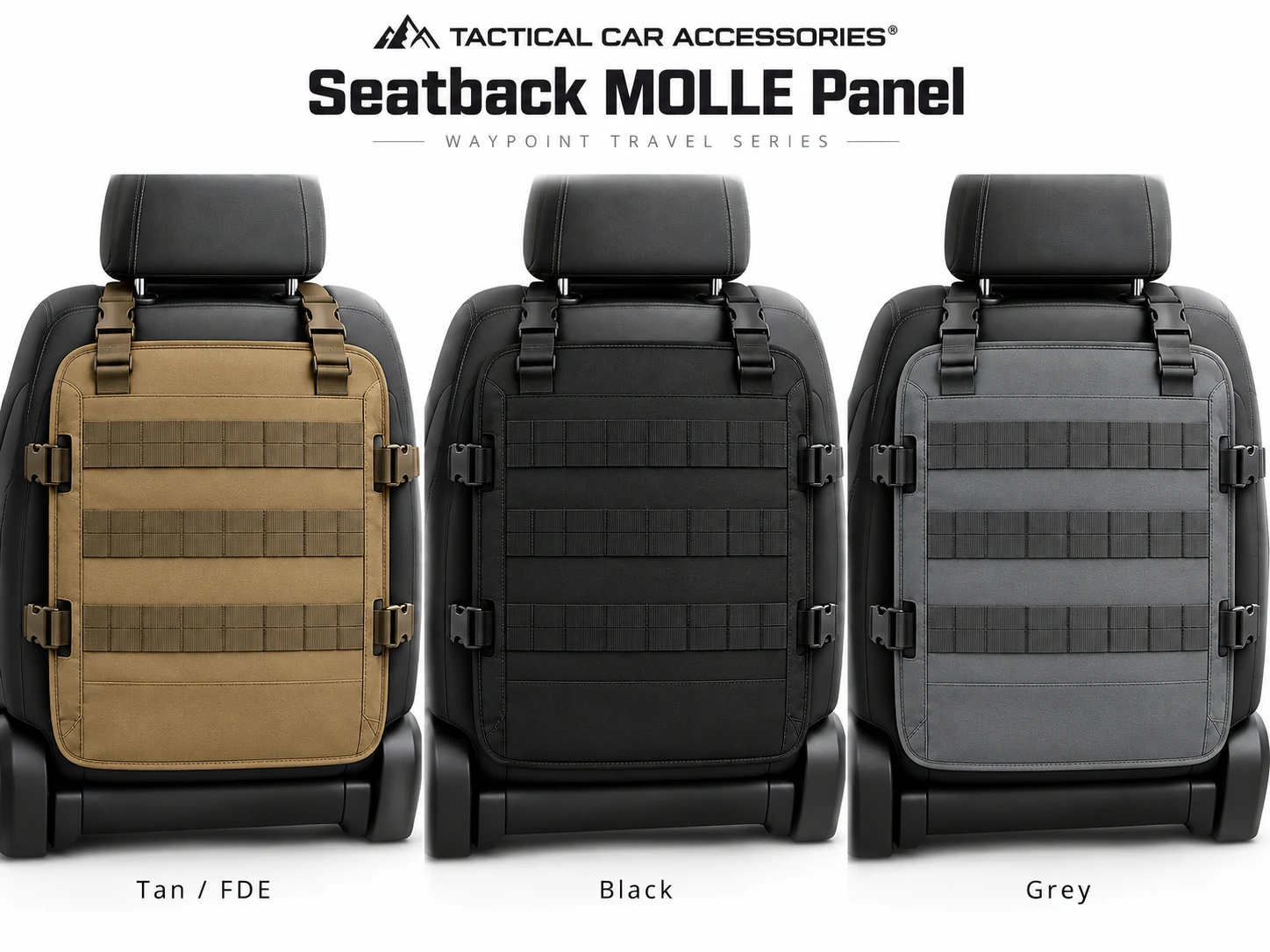 Seatback MOLLE Panel in Black, Tan / FDE, and Grey