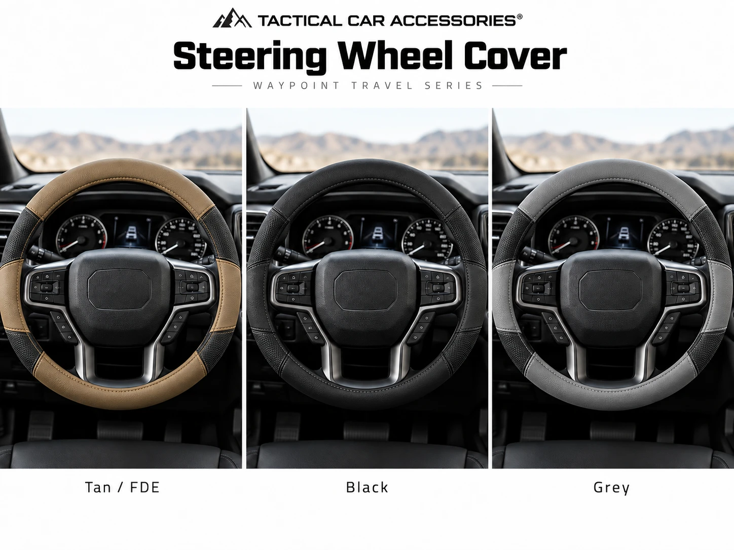 Steering Wheel Cover in Black, Tan / FDE, and Grey