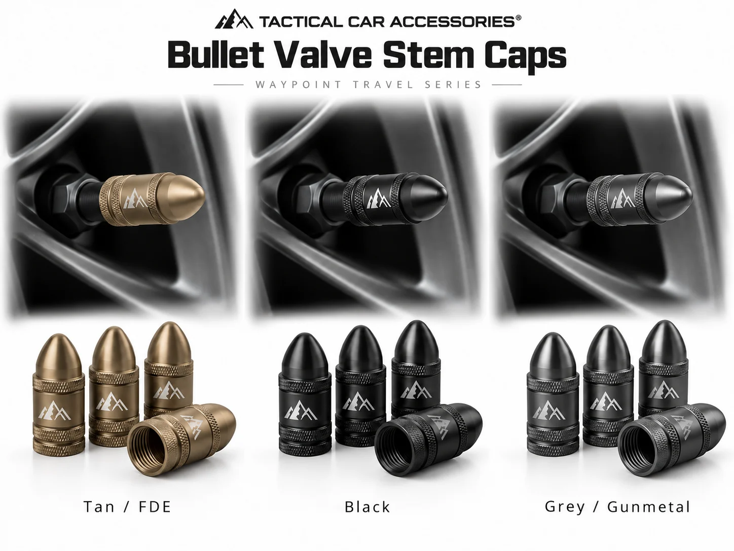Bullet Valve Stem Caps in Tan / FDE, Black, and Grey / Gunmetal