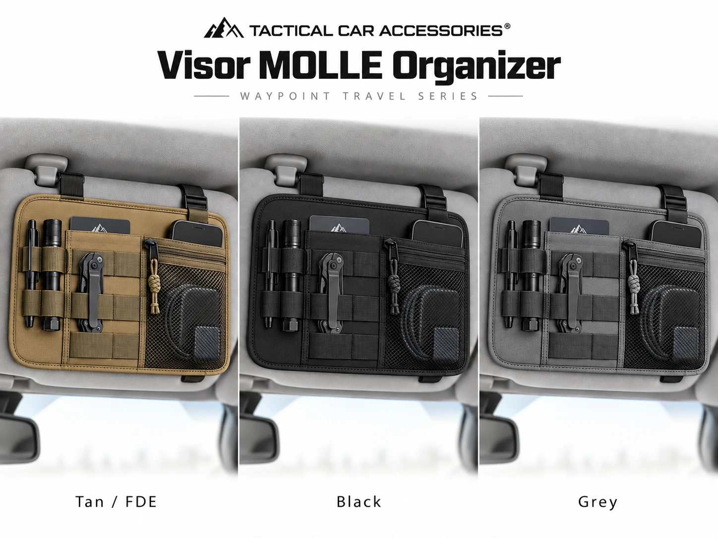 Visor MOLLE Organizer in Black, Tan / FDE, and Grey